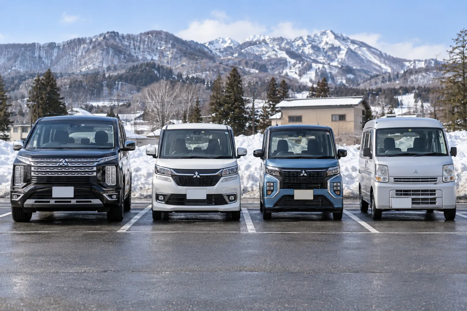 AI-generated illustration of four Mitsubishi rental cars parked side by side in the snow