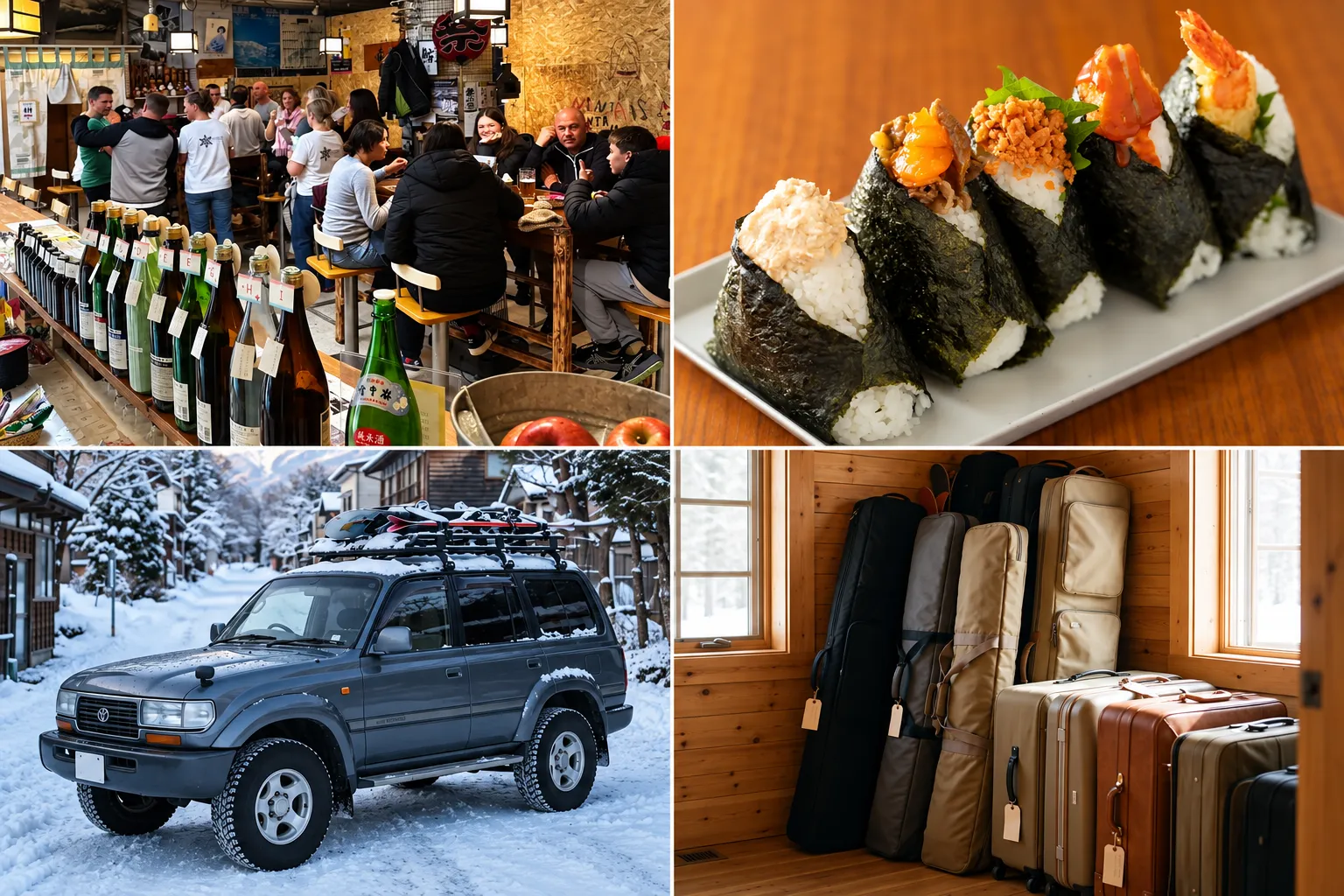 Four-part concept collage: NINJA's restaurant and sake bottles at top left, onigiri at top right, an AI-generated illustration of four rental cars in the snow at bottom left, and luggage storage at bottom right
