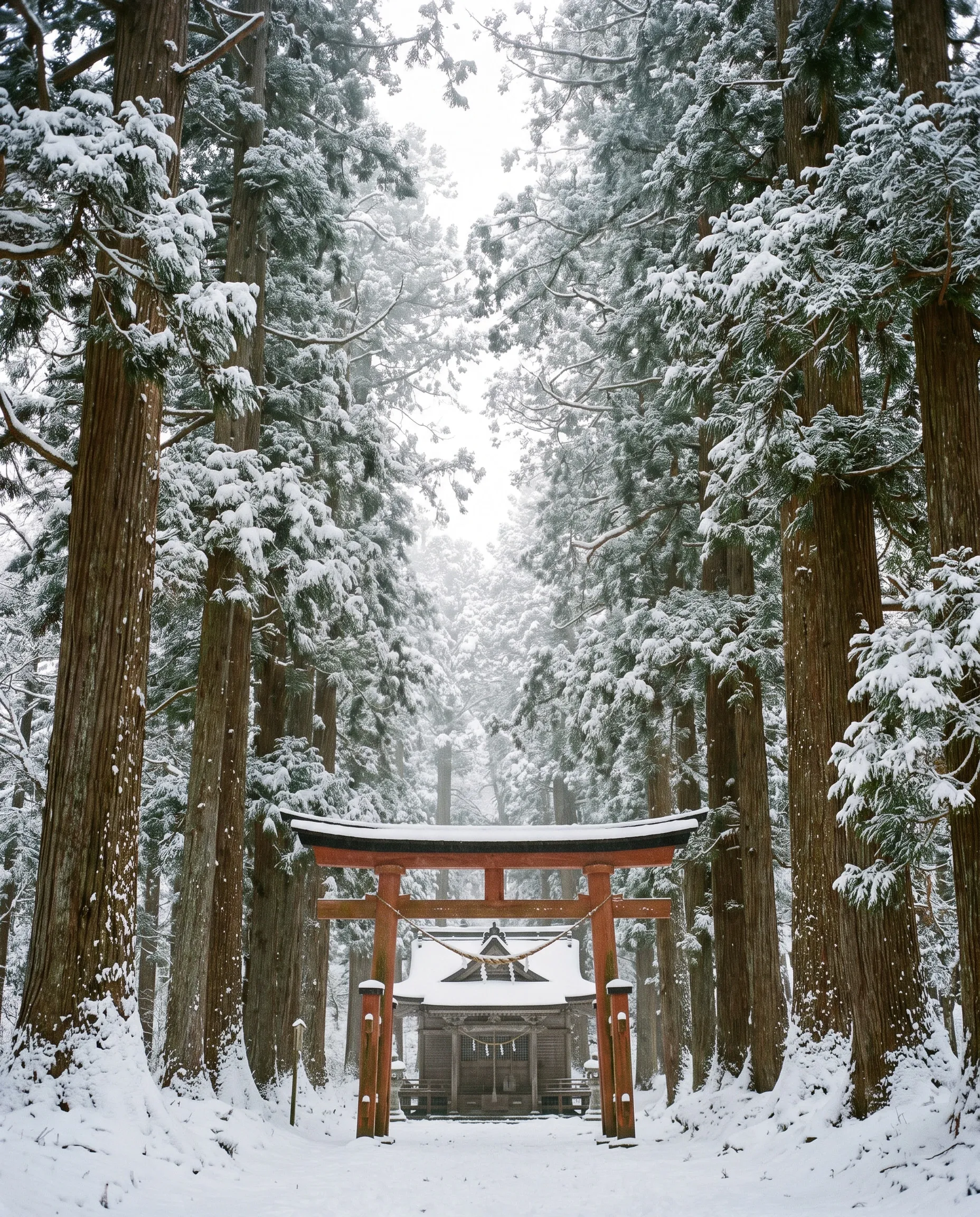 A snow-covered shrine among ancient cedars