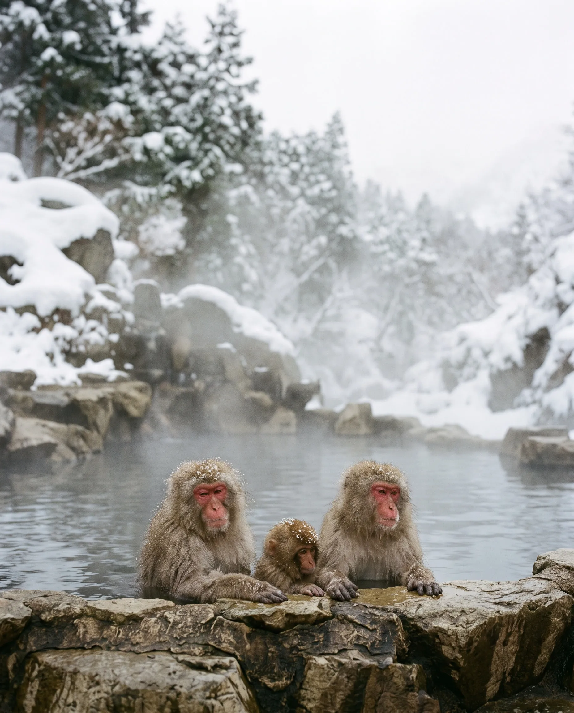 Snow monkeys in a hot spring