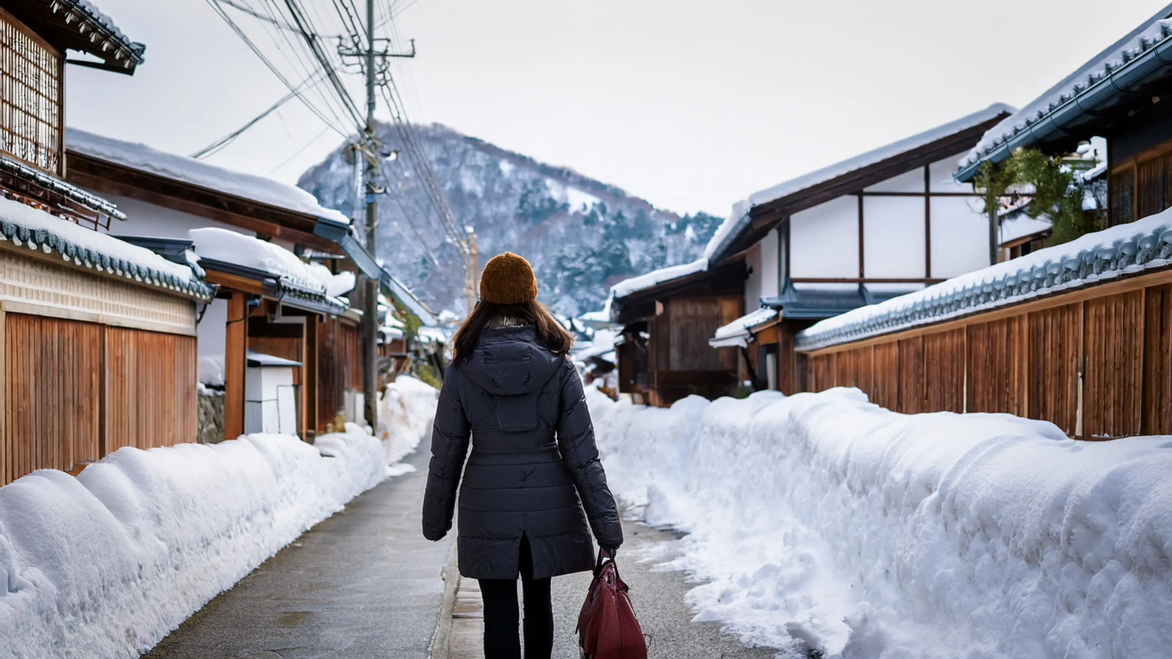 A traveler walking light through a snowy village
